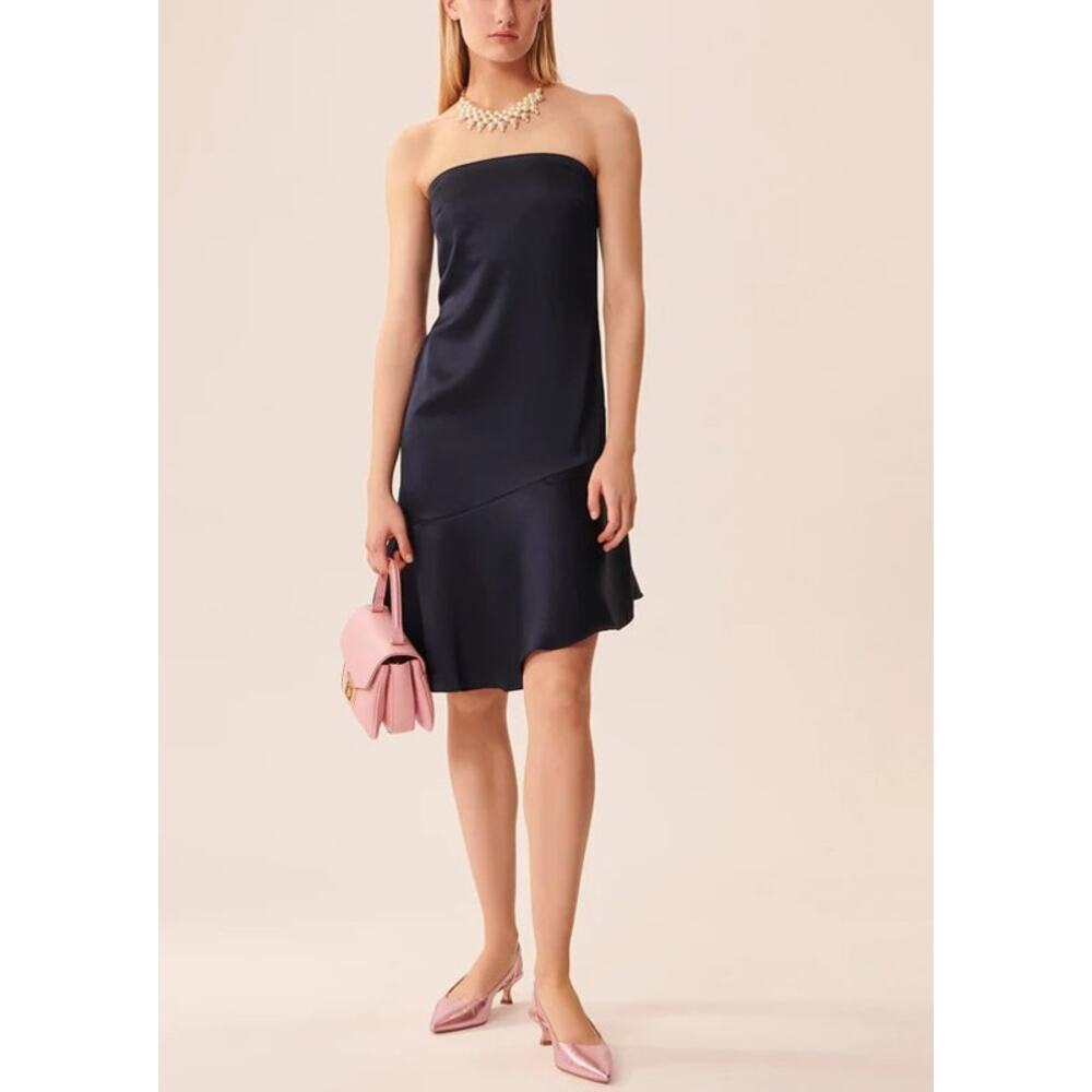 NWT Tara Jarmon Randall Satin Blue Nocturne Ultra Feminine Ruffle Dress 36 US 4